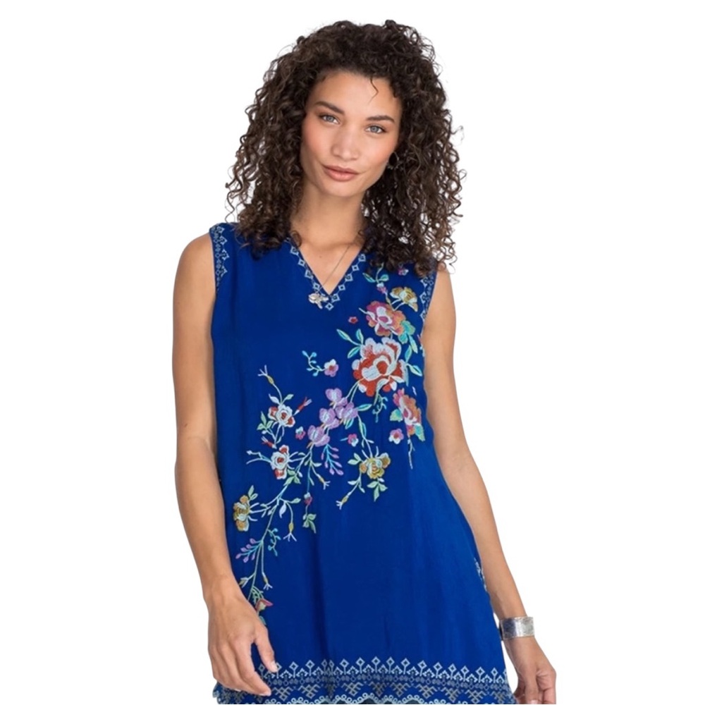 Johnny Was Embroidered Floral Sleeveless Tunic Top Blue XS